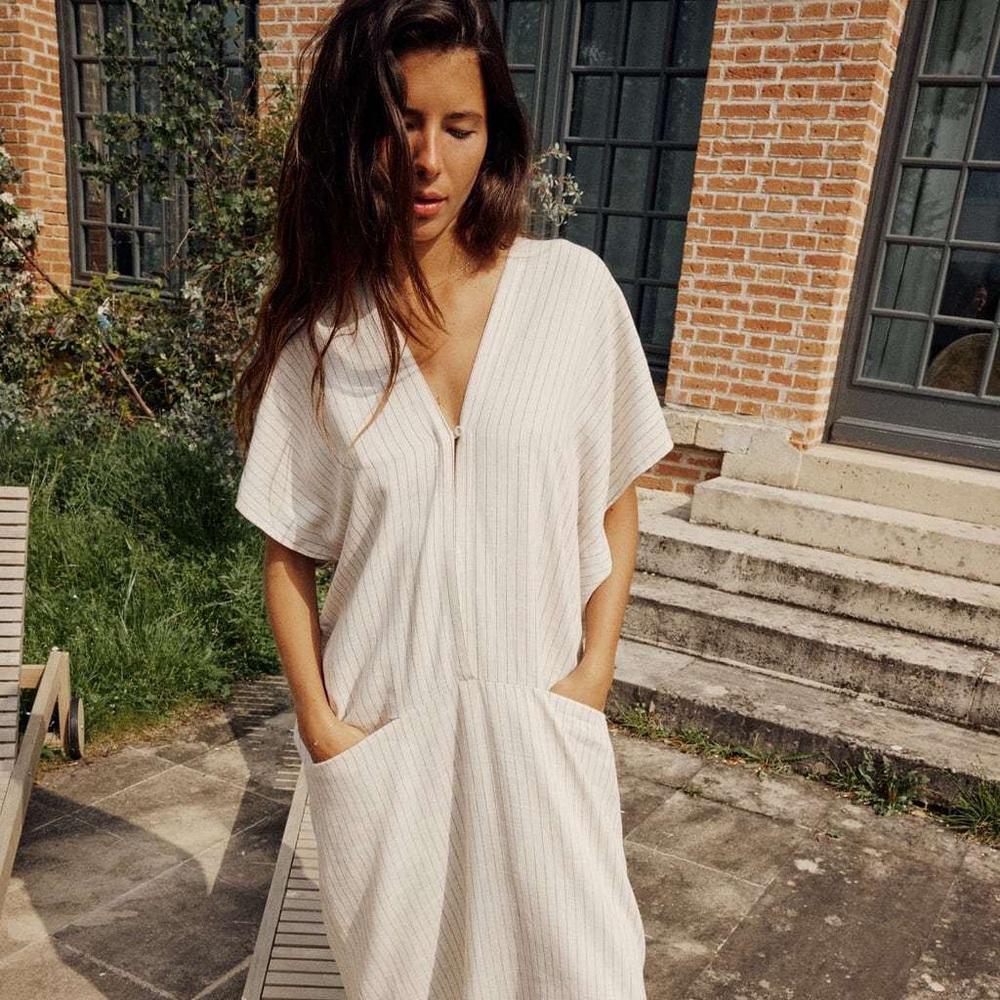 Zara Linen Blend Kaftan Dress Striped Pockets New